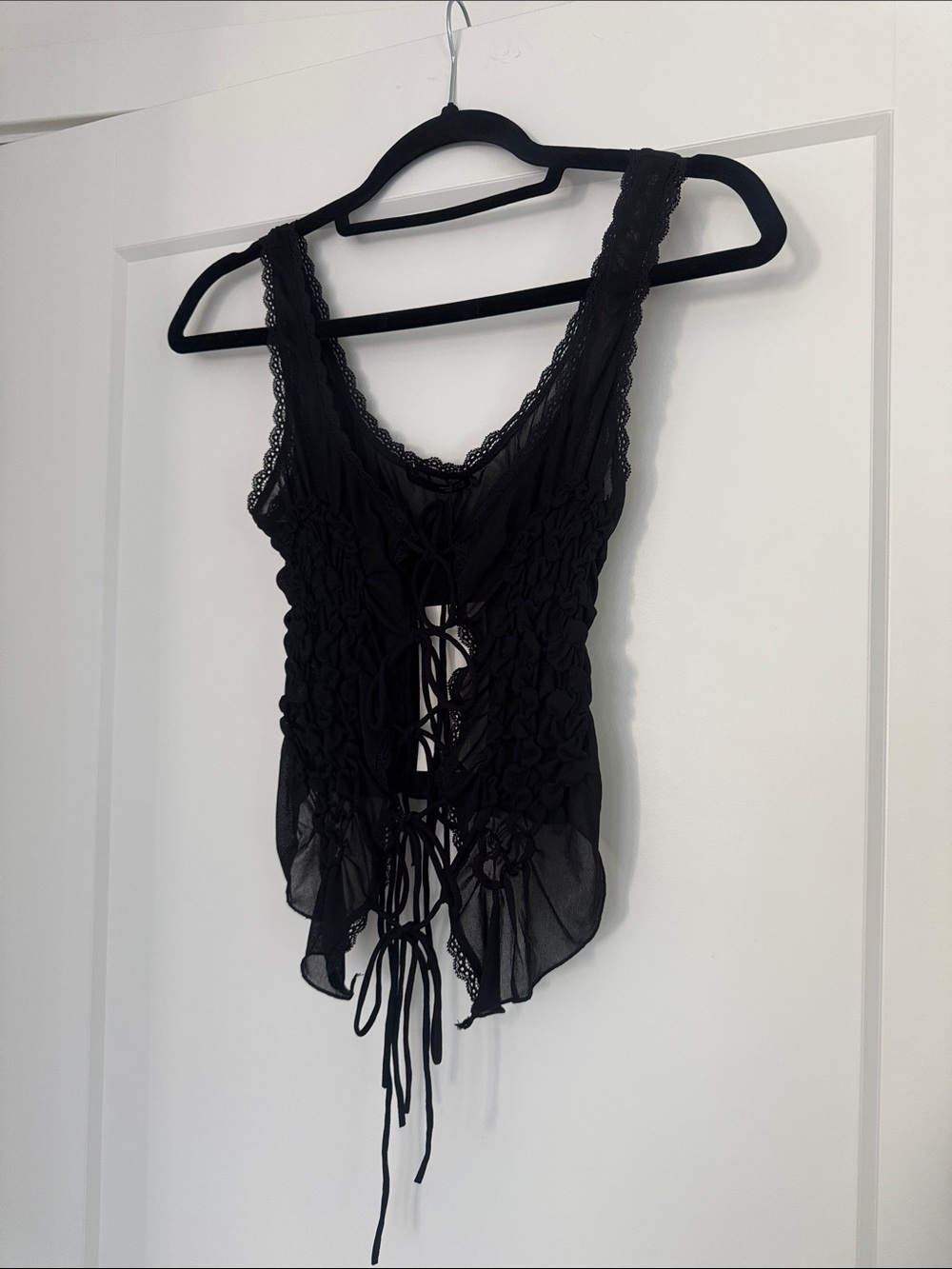 Zara Black Lace-Up Sheer Ruched Tank - Picture 3 of 16